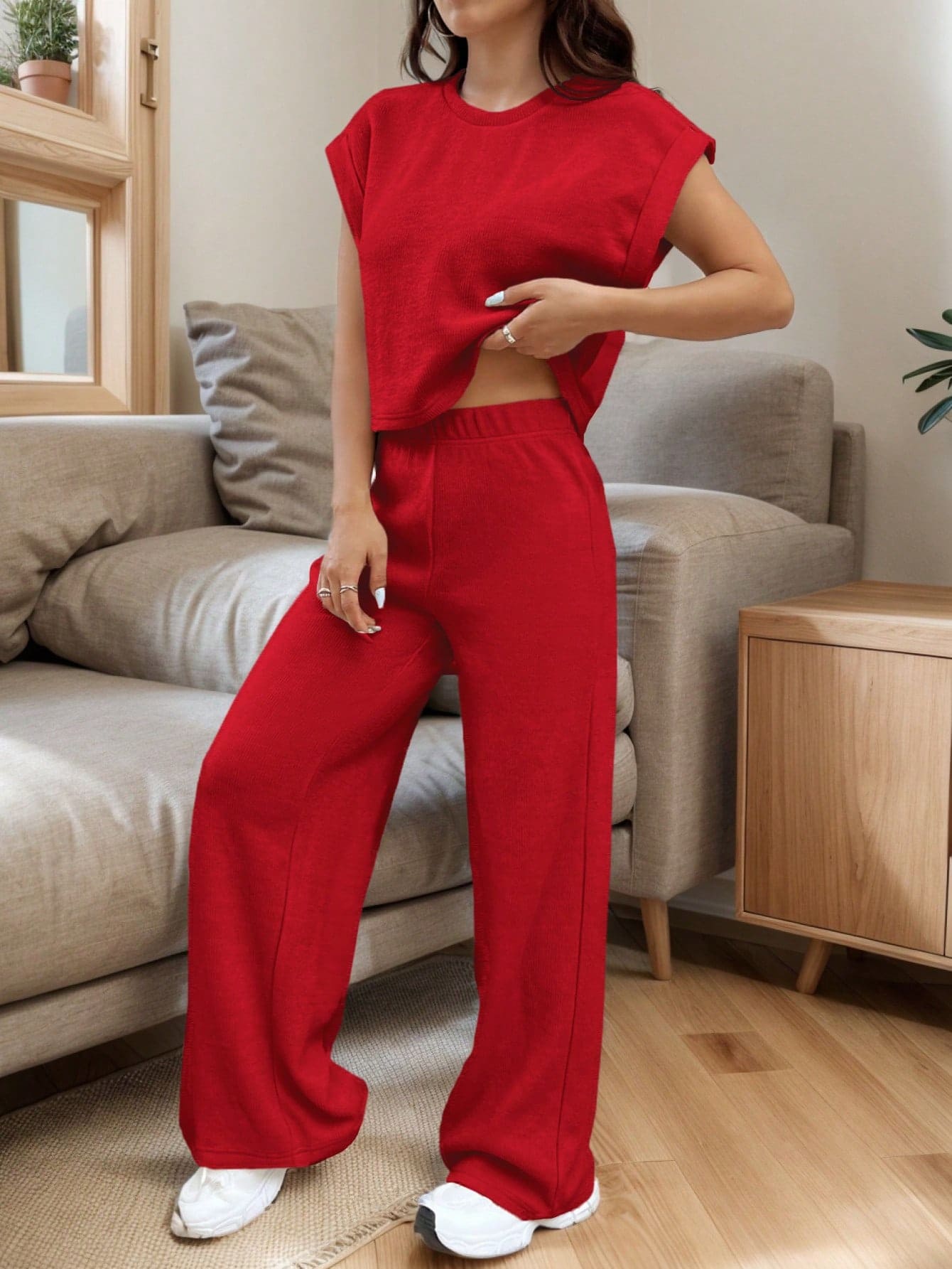 Conjunto de Top de Manga Morcego Folgada e Calça em Tricô