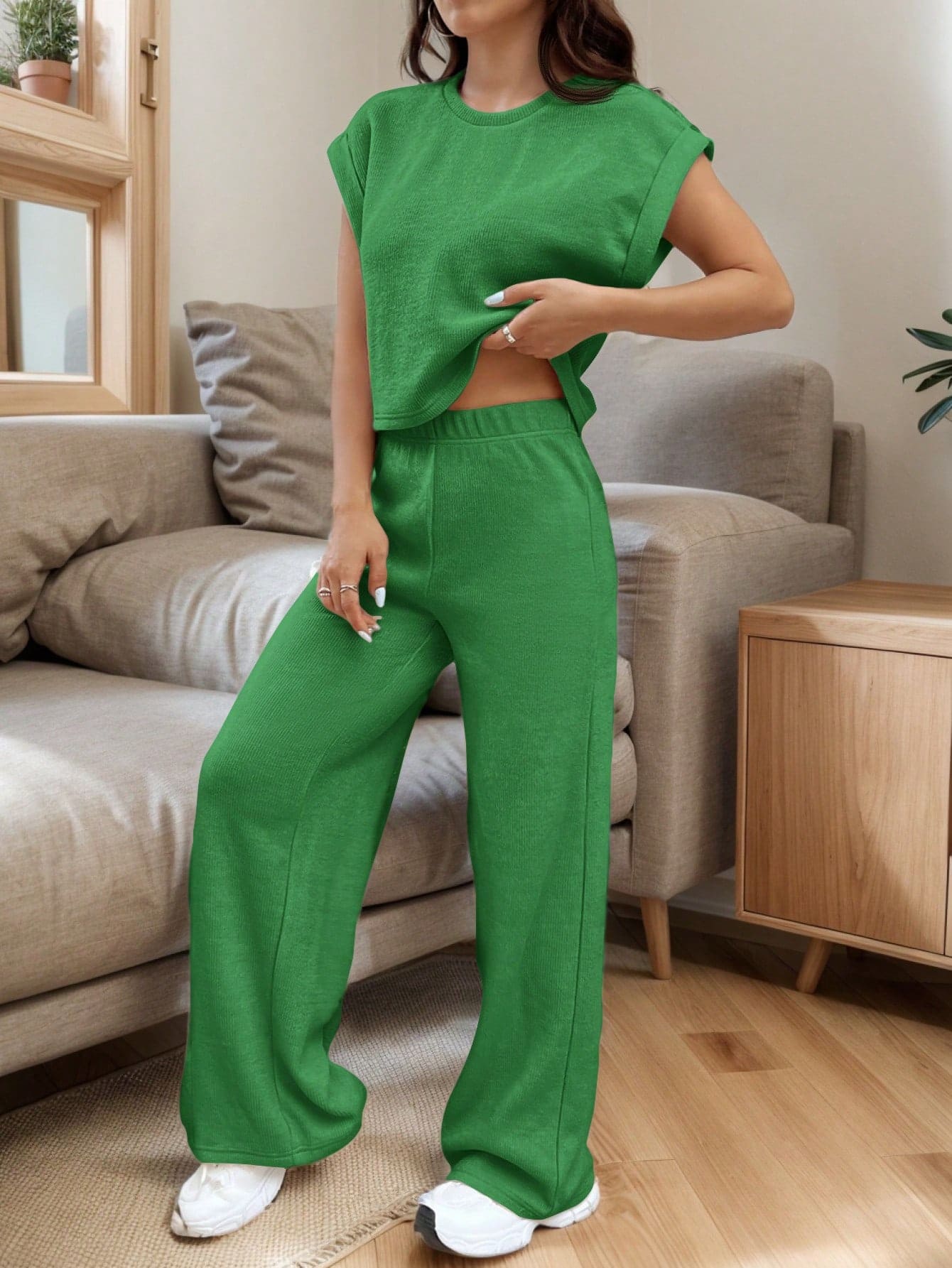 Conjunto de Top de Manga Morcego Folgada e Calça em Tricô