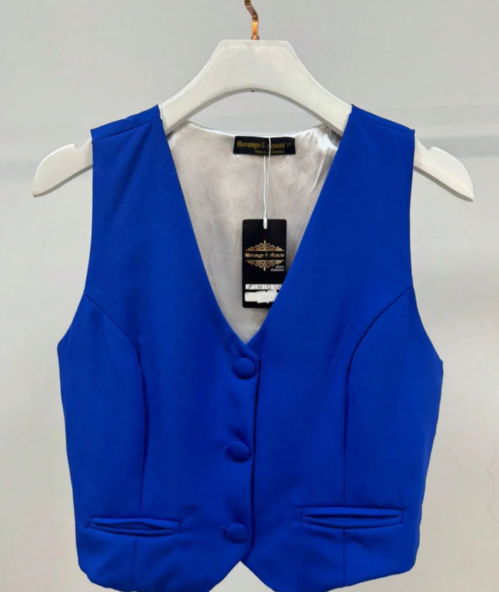Coletinho curto feminino forrado alfaiataria c/ botões social decote V